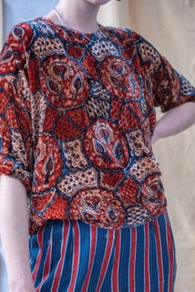 Short Sleeve Ajrakh Silk Velvet Top Red Indigo and Natural Leaves