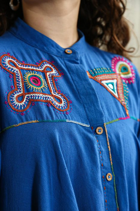 Blue Shirt Dress with Dhebariya Rabari Embroidery