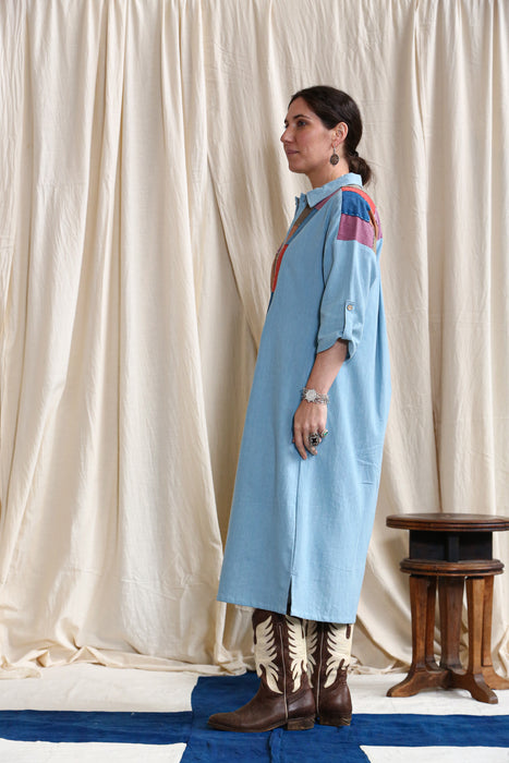 Collared Long Sleeved Dress Light indigo Patchwork