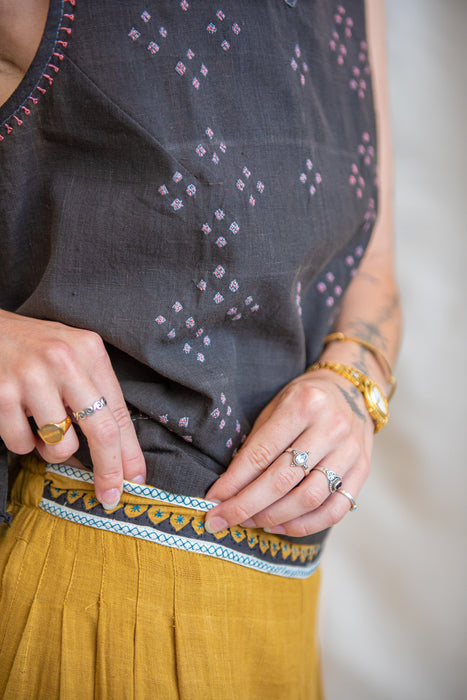 Embroidered Iron Black Cotton Tank Blouse