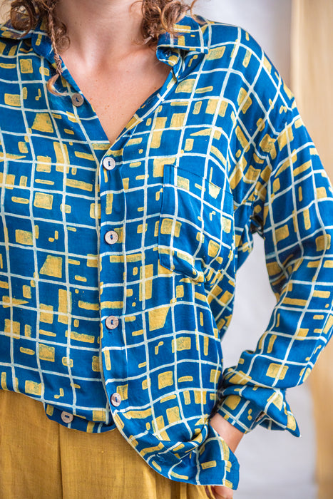 Unisex Silk Modal Yellow & Blue Square Shirt