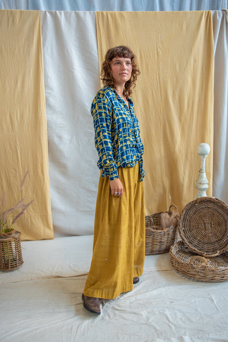 Unisex Silk Modal Yellow & Blue Square Shirt