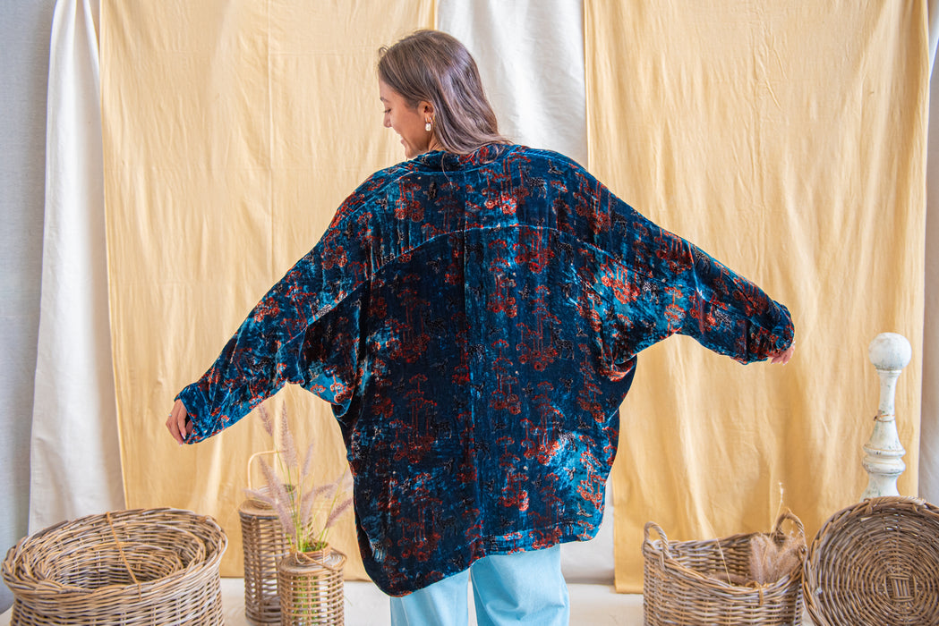 Silk Velvet Kimono Jacket - Indigo/Madder/Floral