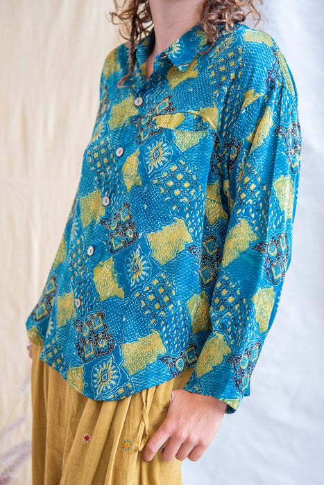 Silk Modal Boxy Long Shirt - Blue/Lime