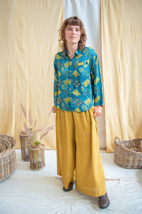 Silk Modal Boxy Long Shirt - Blue/Lime