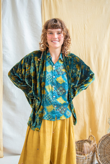 Silk Velvet Kimono Jacket - Indigo Lime