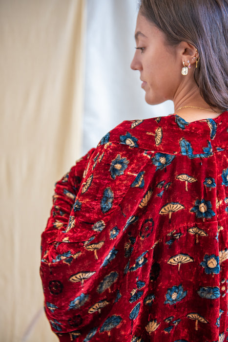 Silk Velvet Kimono Jacket - Red Floral