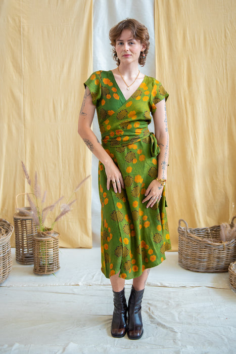 Wrap Tie Dress- Silk Modal - Green/Yellow