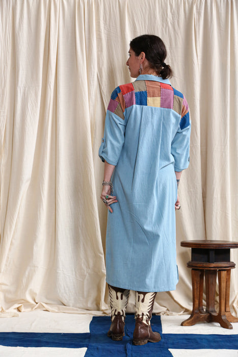 Collared Long Sleeved Dress Light indigo Patchwork