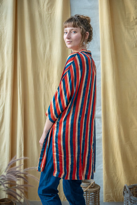 Ajrakh Clamp Dyed Modal Silk Oversized Shirt French Stripe