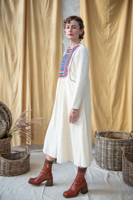 Rabari Round Neck Yoke Embroidered Natural Cotton Dress