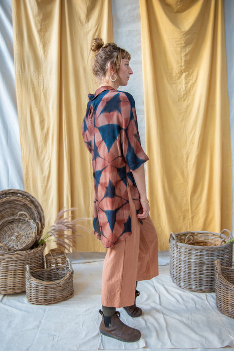 Ajrakh Clamp Dyed Modal Silk Oversized Shirt Blush Geometric