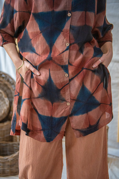 Ajrakh Clamp Dyed Modal Silk Oversized Shirt Blush Geometric