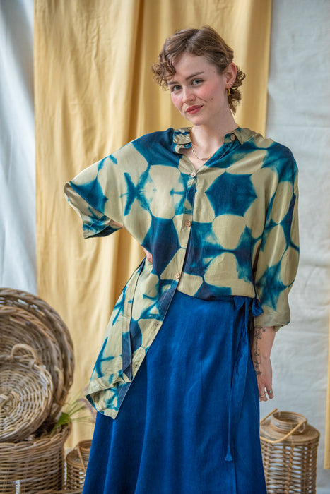 Ajrakh Clamp Dyed Modal Silk Oversized Shirt Teal and Sage Clamp Dye