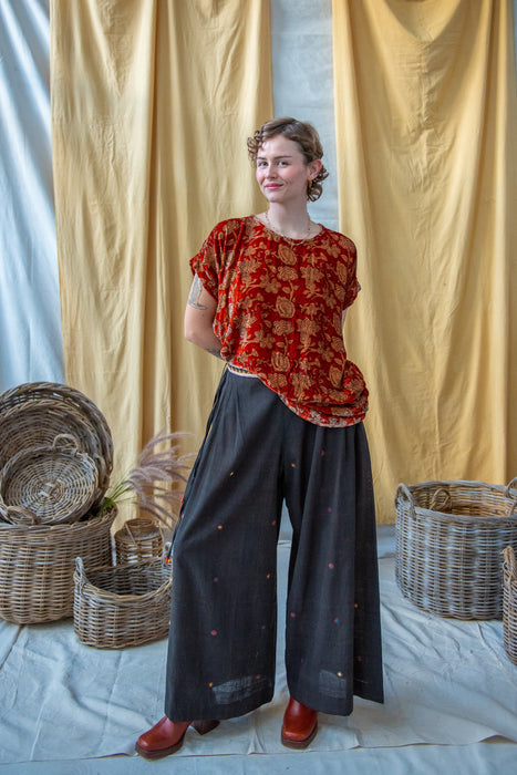 Short Sleeve Ajrakh Silk Velvet Top Red Indigo and Natural Floral