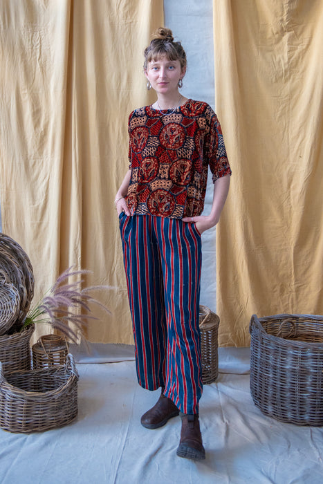 Half Sleeve Ajrakh Silk Velvet Top Red Indigo and Natural Leaves