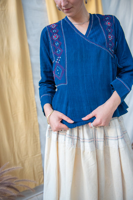 Indigo Embroidered Wrap Shirt