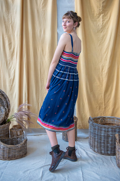 Strappy Indigo Dyed Embroidered Dress with Mashru Silk Bodice