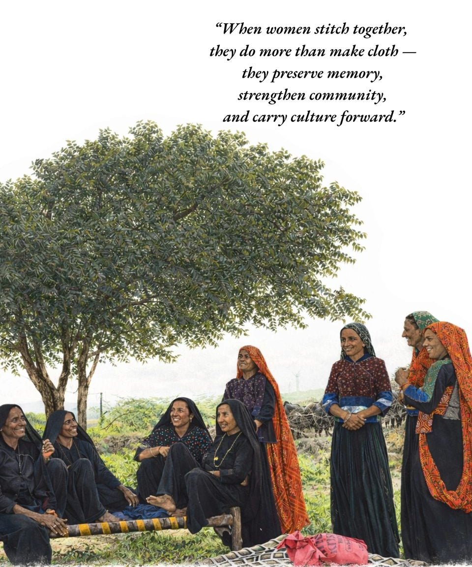 Group of women sitting outdoors with a tree in the background, with a quote about women preserving memory and strengthening community.