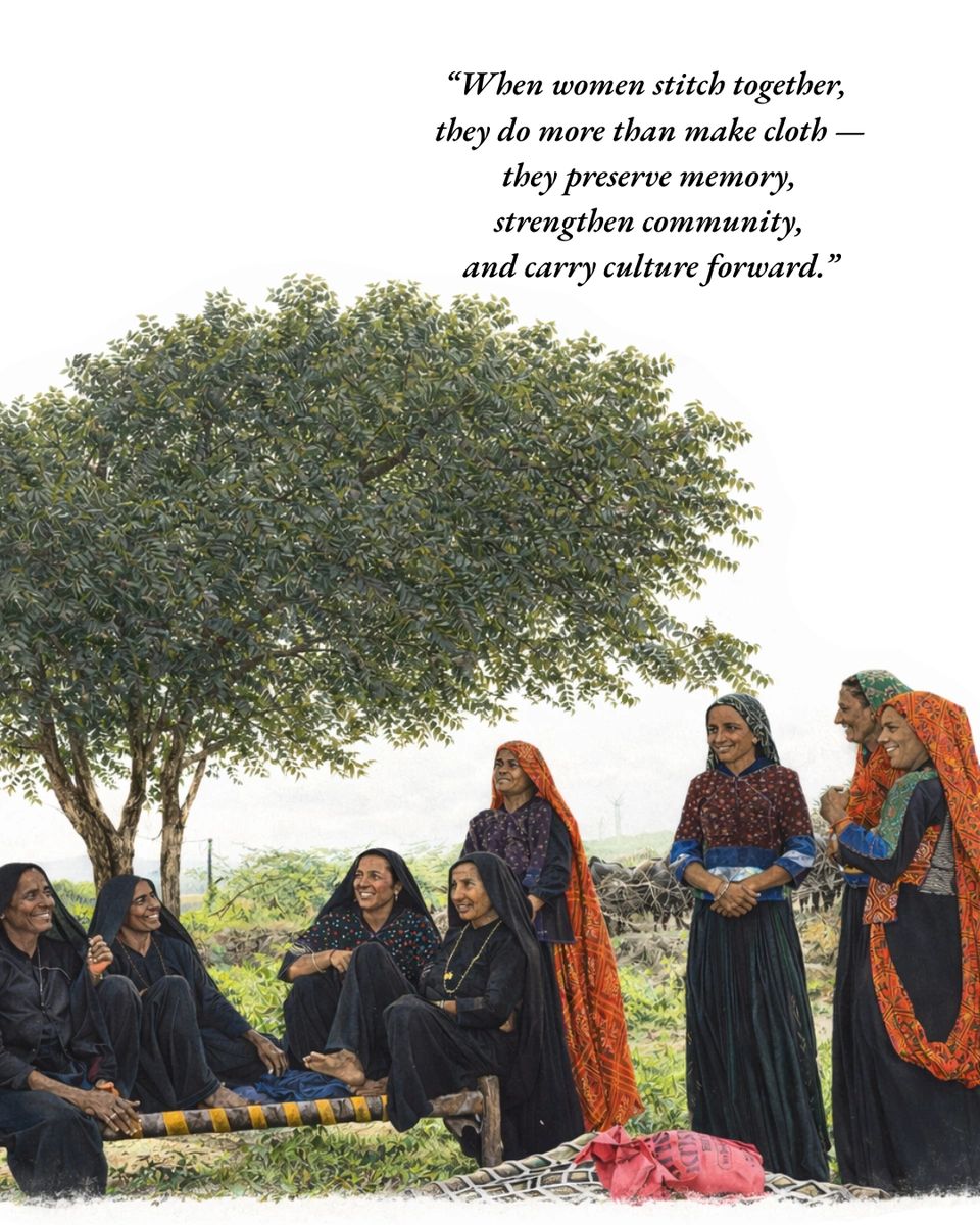Group of women sitting outdoors with a tree in the background, with a quote about women preserving memory and strengthening community.