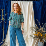 Print Half Sleeve Top – Teal & Black Stripe