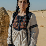 Embroidered Pleated Yoke Top