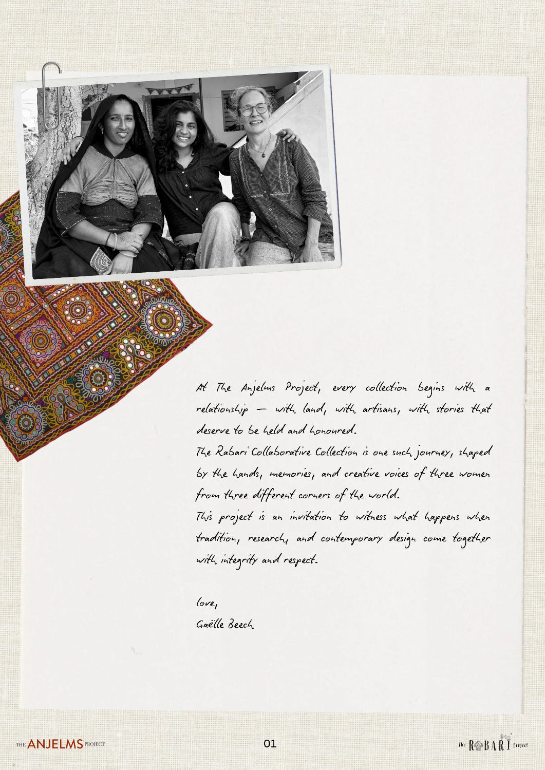 Black and white photo of three people with text about The Anjelms Project on a textured beige background.