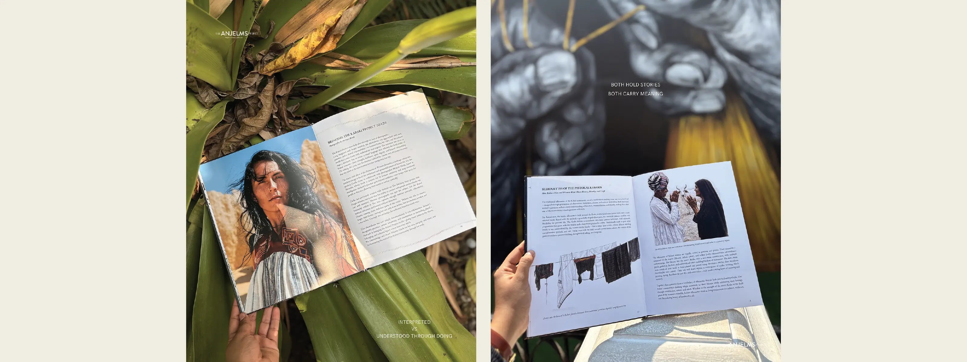 Open book with artistic illustrations and text, surrounded by natural elements.