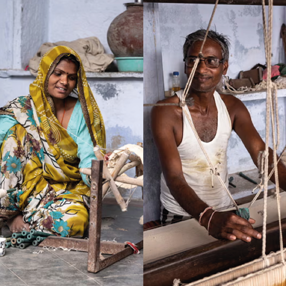 Two people using handlooms in a traditional setting.