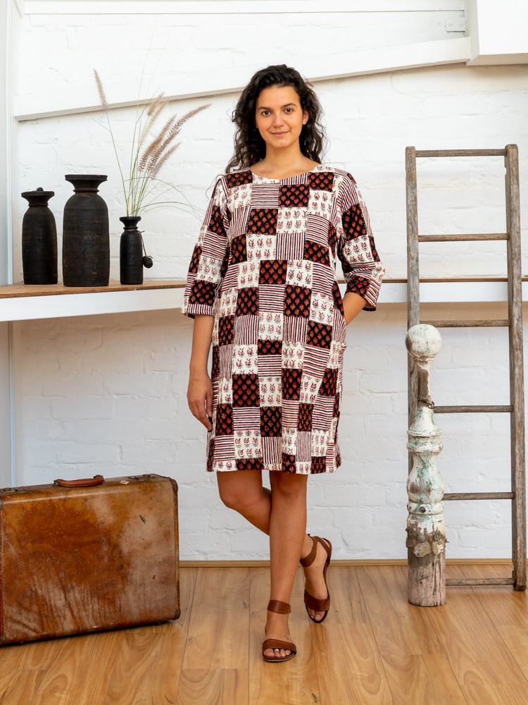 Half Sleeve Dress - Black/White Print Patchwork-Women-The ANJELMS Project